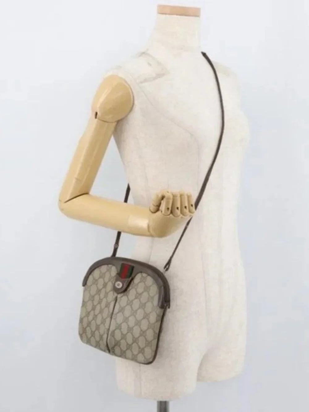 GUCCI GG Supreme Web Sherry Line Bag PVC Beige Gold 904 02 047 Auth 180234